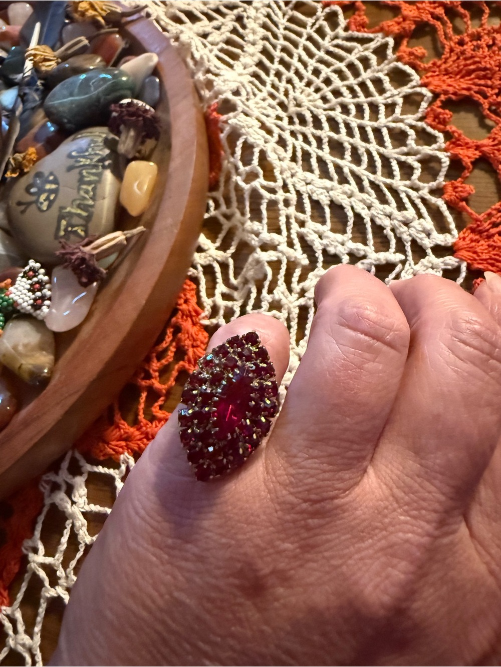 Vintage 1960s Red Rhinestone Navette Cocktail Ring Statement Size 6